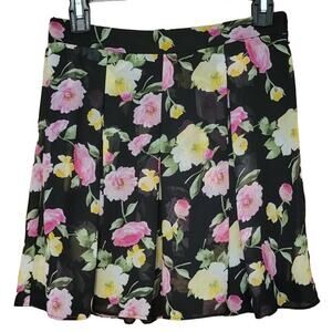 B. DARLIN Pleated Black & Pink & Yellow Floral Lined Twee Mini‎ Skirt - 3/4